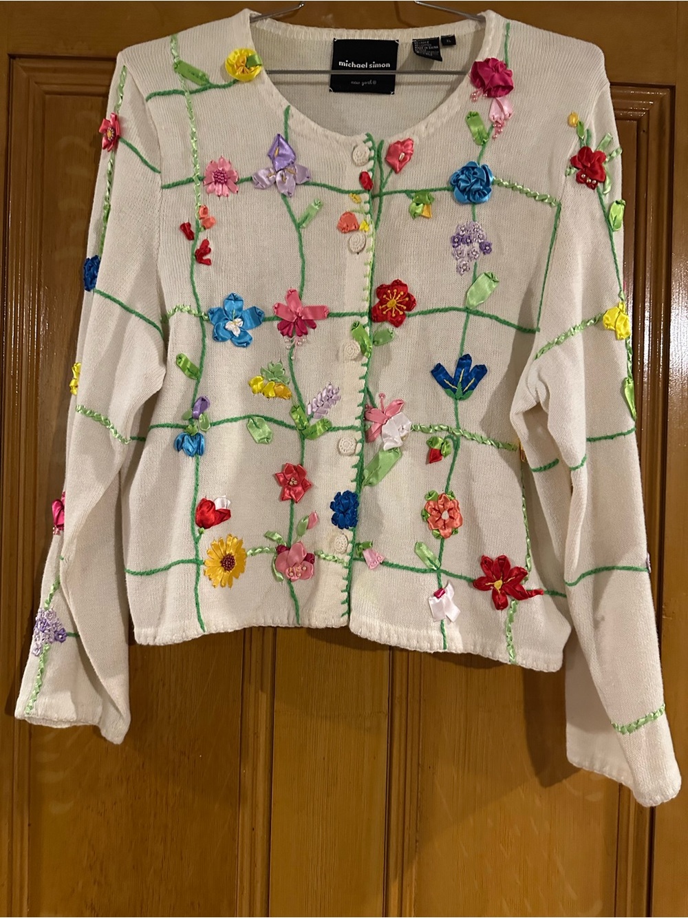 GORGEOUS Vintage Michael Simon Cream Floral Ribbon Appliqué Cardigan XL